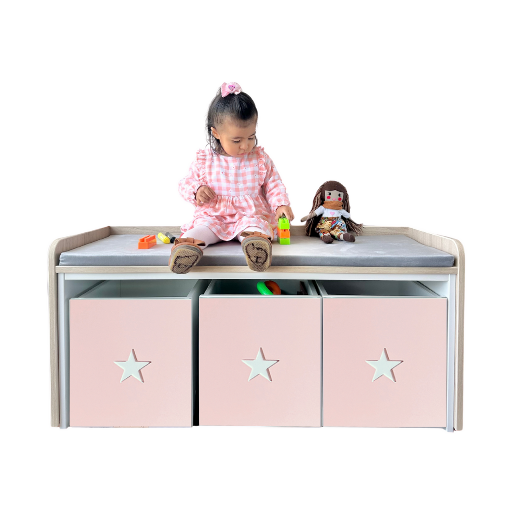 juguetero de 3 cajas para niños color rosa con estrellas