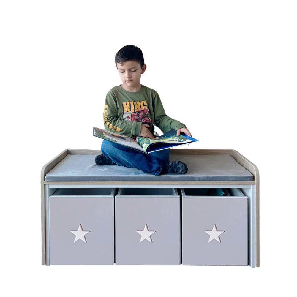 juguetero de 3 cajas para niños color gris con estrellas