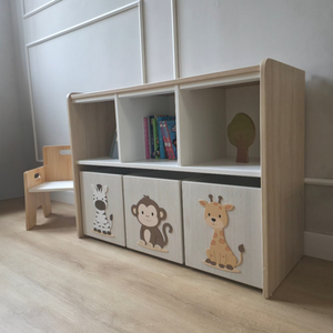 Estante juguetero doble nivel con 3 cajas - Animalitos Selva Alto Relieve