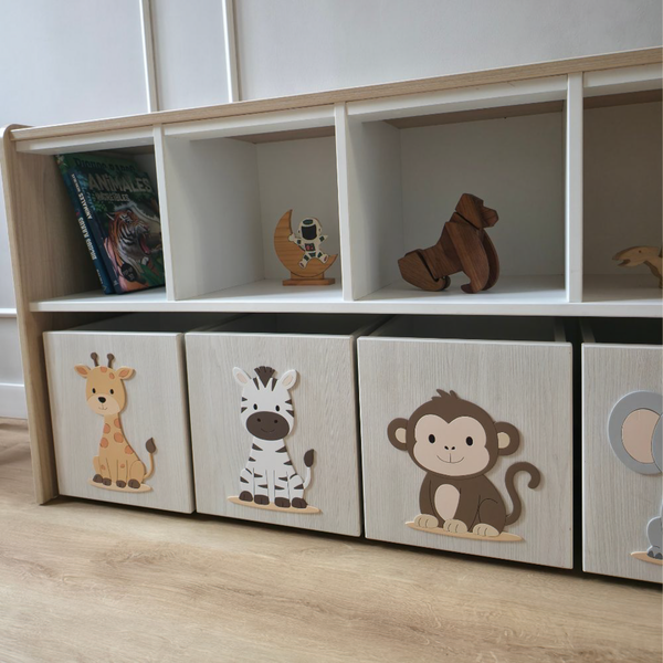 Estante juguetero doble nivel con 4 cajas - Animalitos Selva Alto Relieve