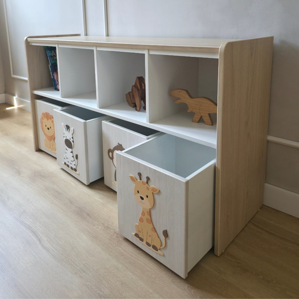 Estante juguetero doble nivel con 4 cajas - Animalitos Selva Alto Relieve
