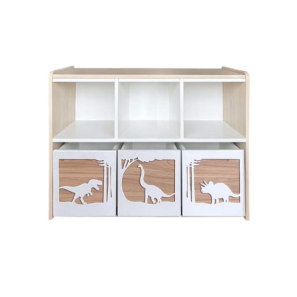 Estante juguetero doble nivel con 3 cajas - Dinosaurios Blancos