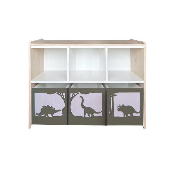 Estante juguetero doble nivel con 3 cajas - Dinosaurios Verde Olivo