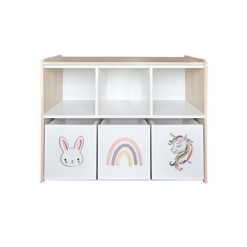 Estante juguetero doble nivel con 3 cajas - Unicornio