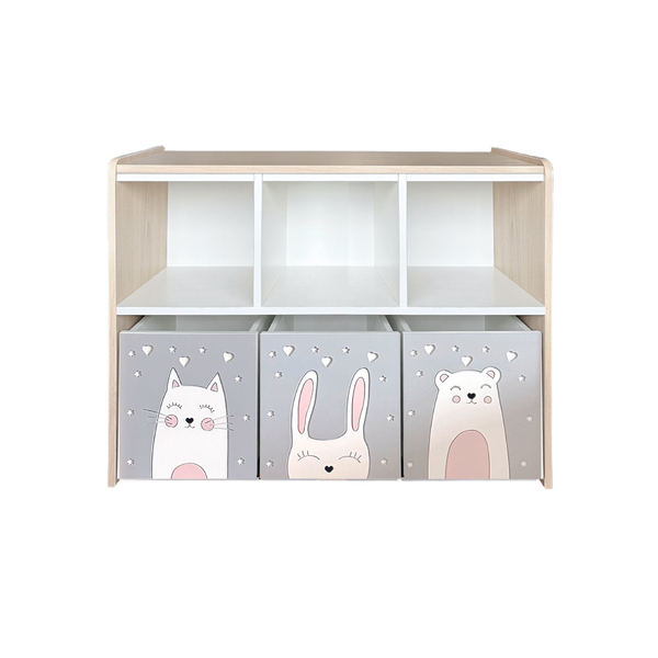 Estante juguetero doble nivel con 3 cajas - Animalitos Fondo Gris 1