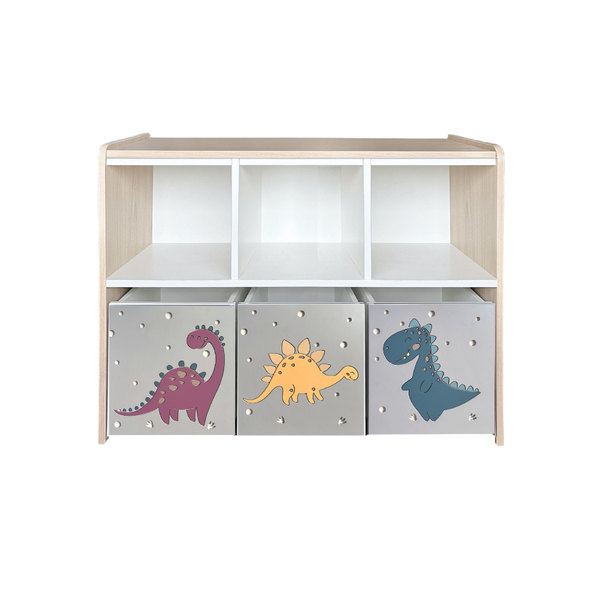 Estante juguetero doble nivel con 3 cajas - Dinosaurios Fondo Gris