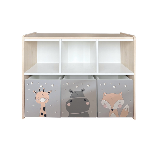 Estante juguetero doble nivel con 3 cajas - Animalitos Fondo Gris