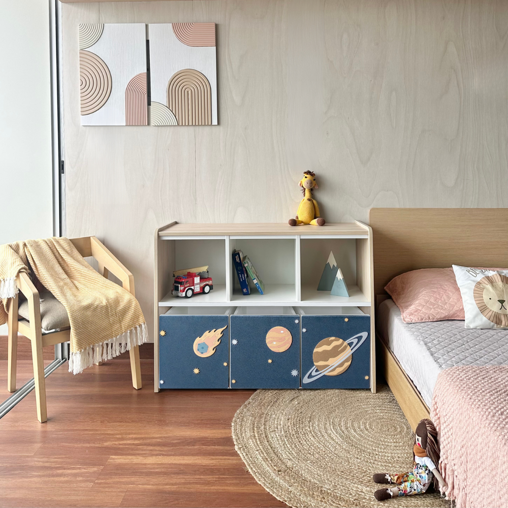 estante juguetero con 6 espacios modelo universo para niños
