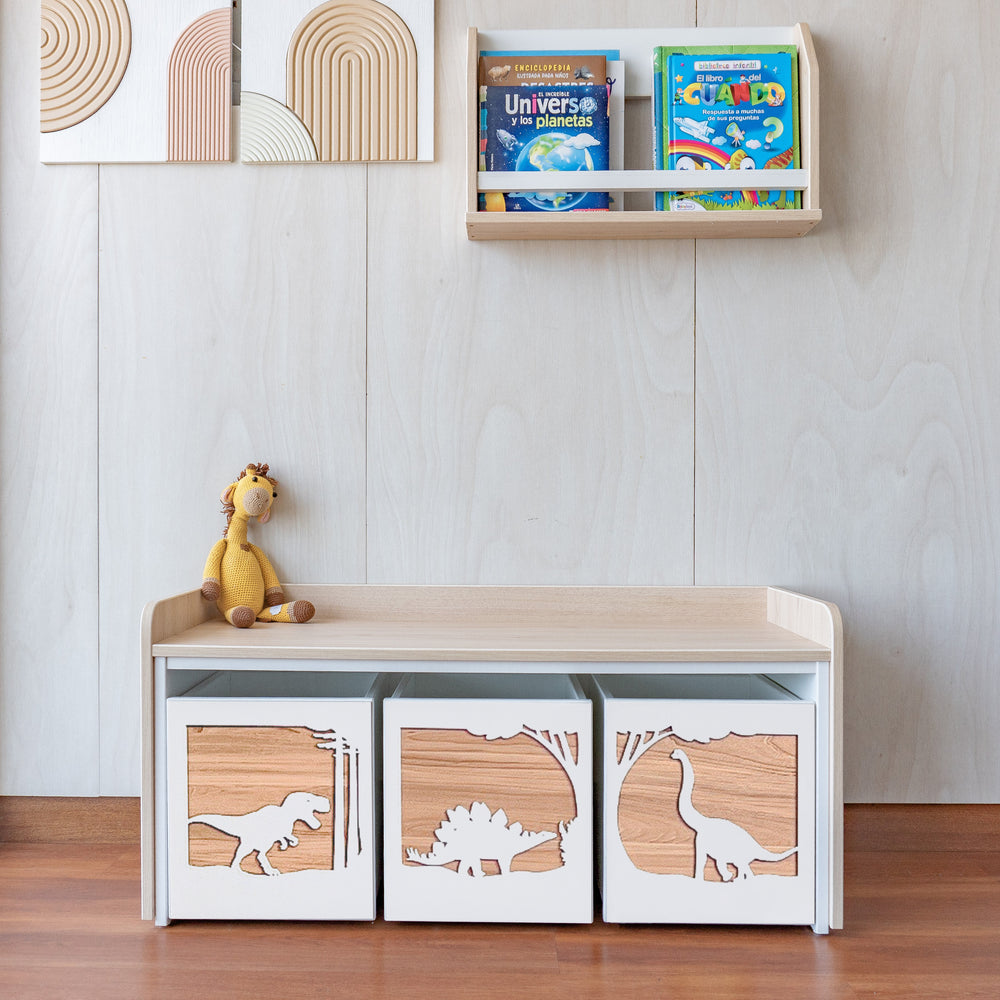 juguetero de 3 cajas para niños dinosaurios blanco
