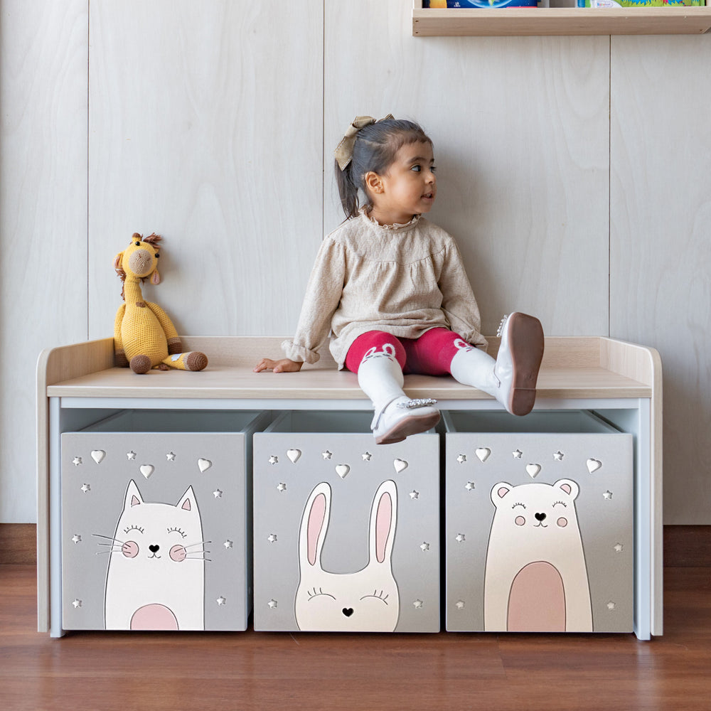 juguetero de 3 cajas para niños animalitos en fondo gris