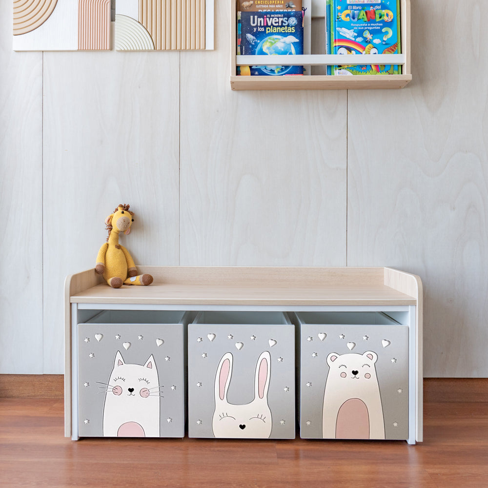 juguetero de 3 cajas para niños animalitos en fondo gris