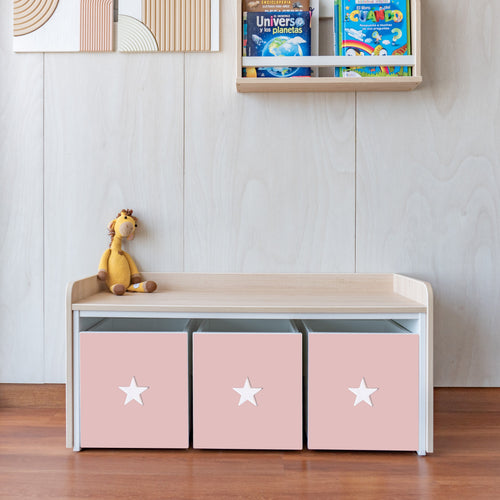 juguetero de 3 cajas para niños color rosa con estrellas