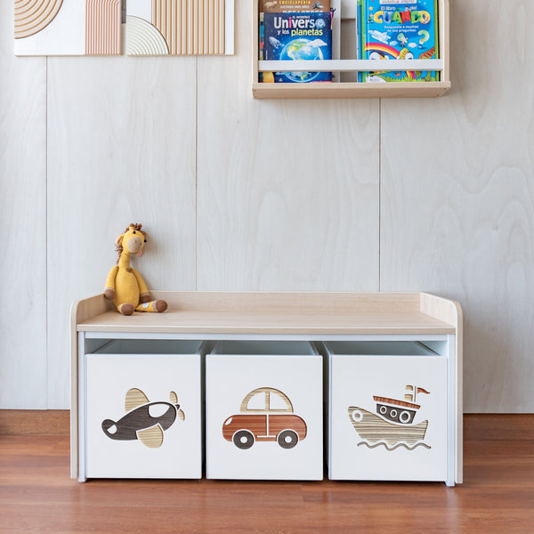 juguetero de 3 cajas para niños modelo transportes