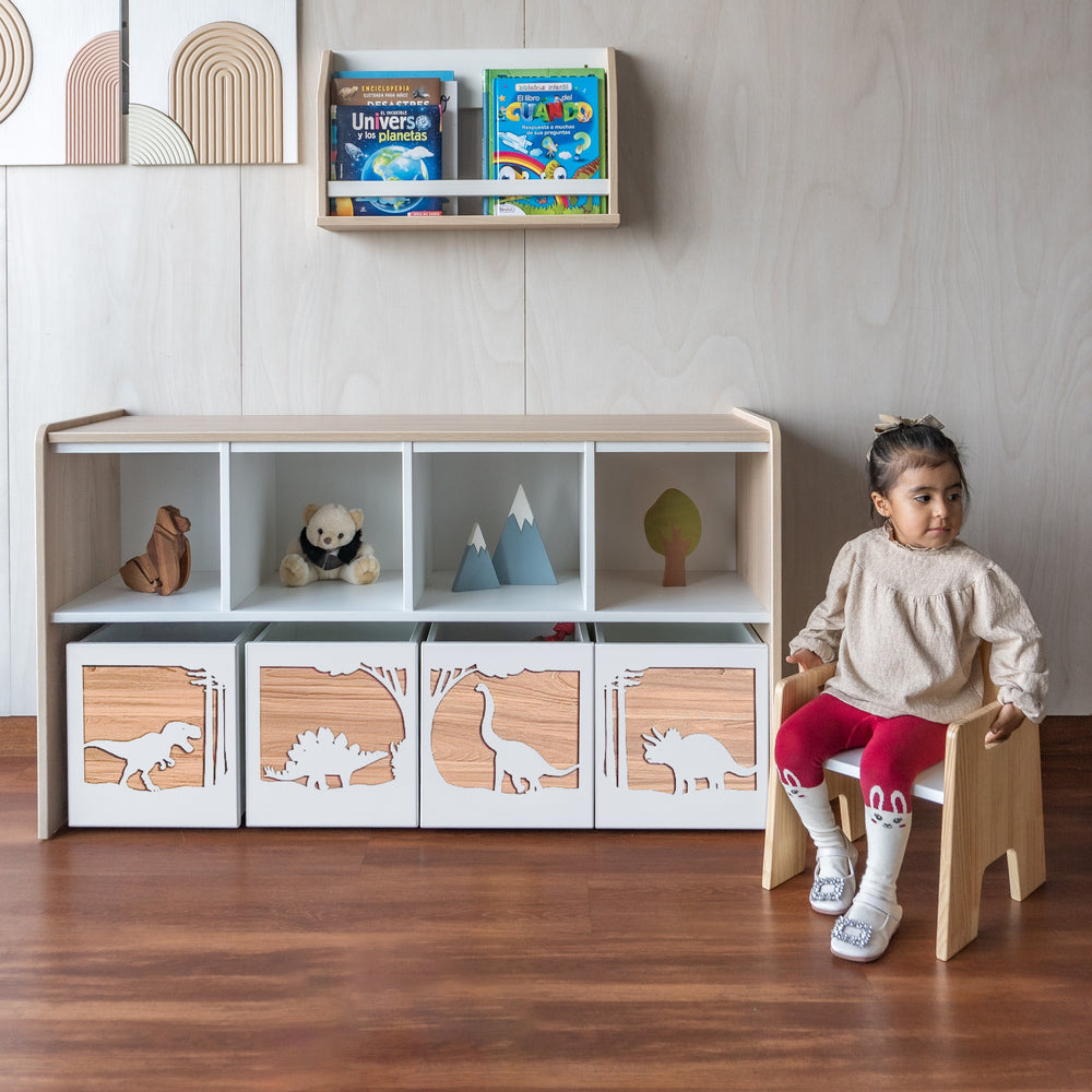 juguetero de 8 cajas para niños dinosaurios blanco