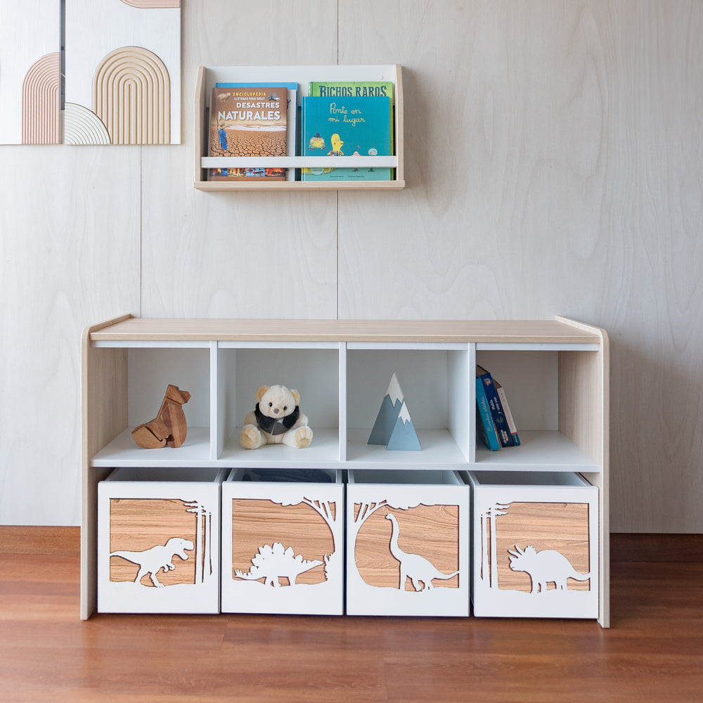 juguetero de 8 cajas para niños dinosaurios blanco