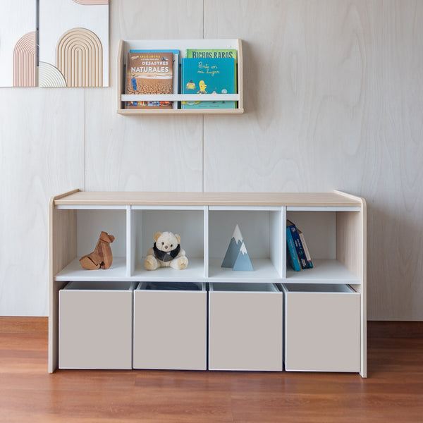 juguetero de 4 cajas para niños en color taupe