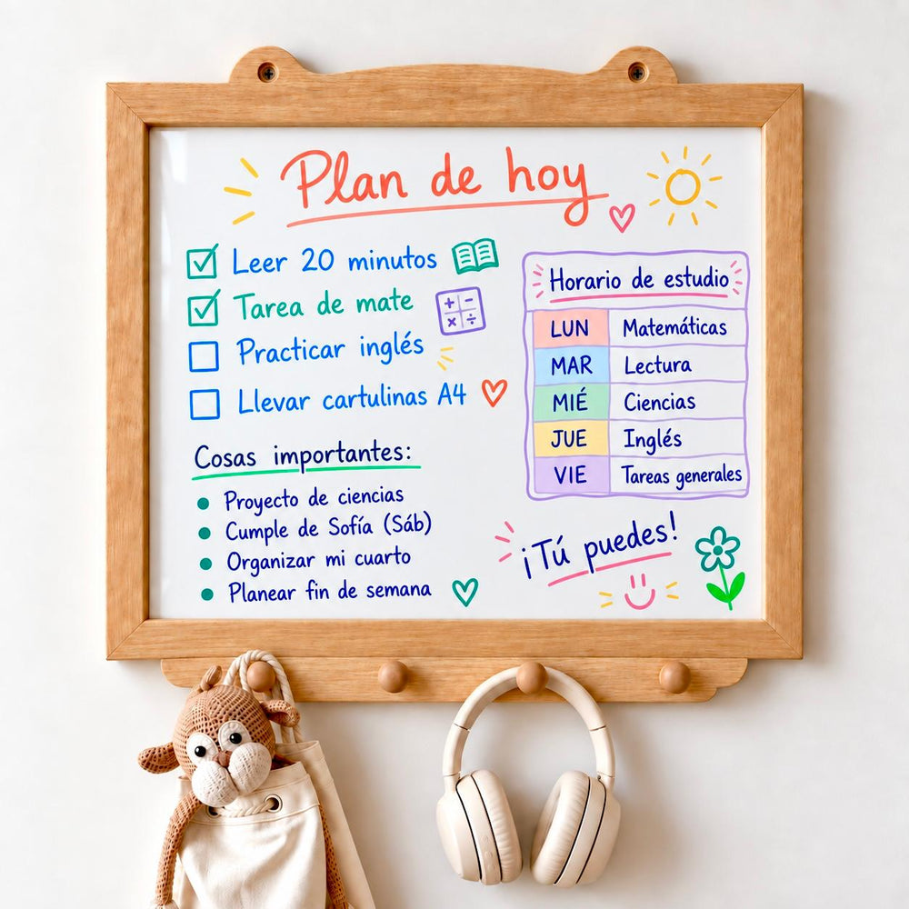 Pizarra organizadora de pared con percheros